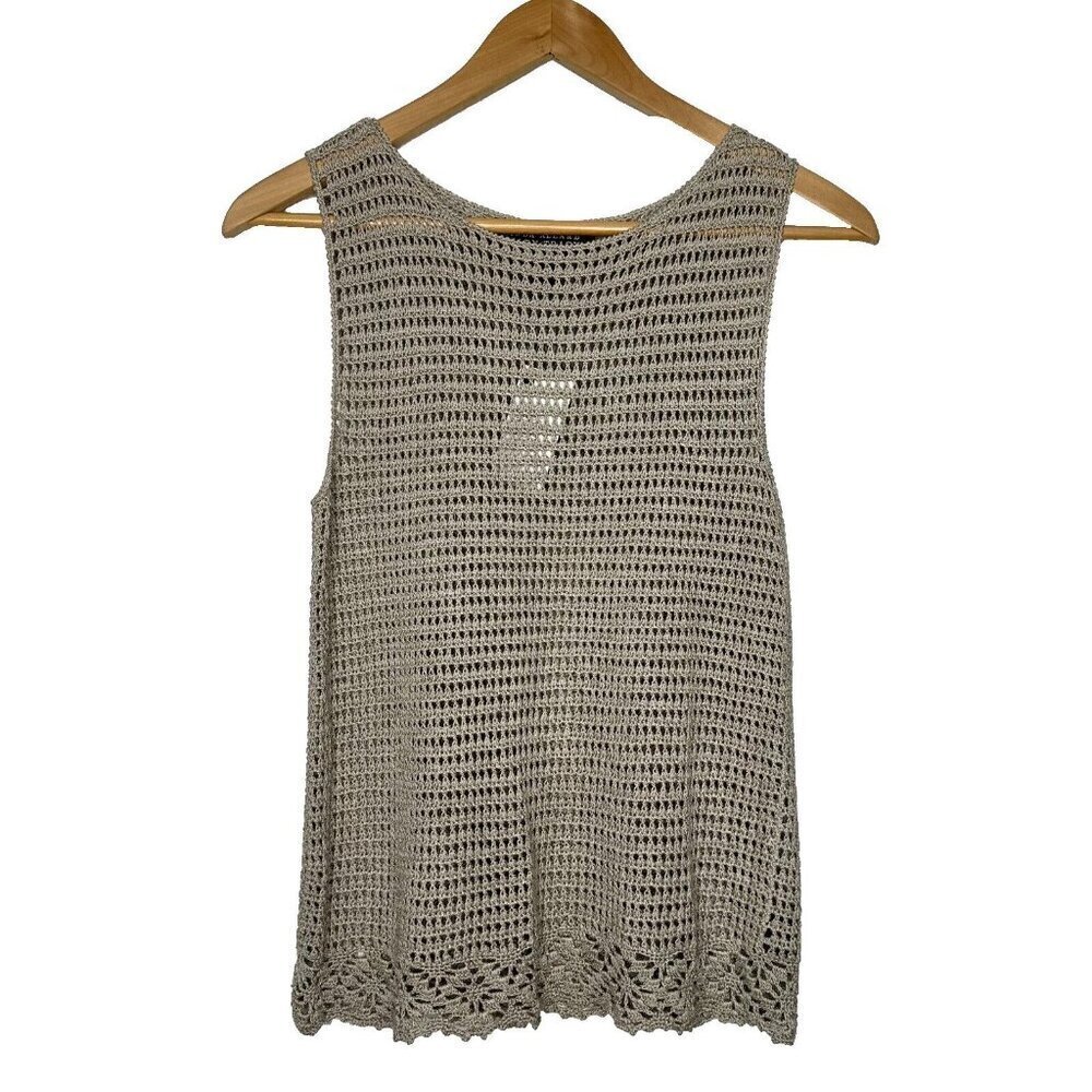 Linda Allard Ellen Tracy Open Knit Top Womens Sz S Crochet Tan Sleeveless Khaki - Picture 1 of 11